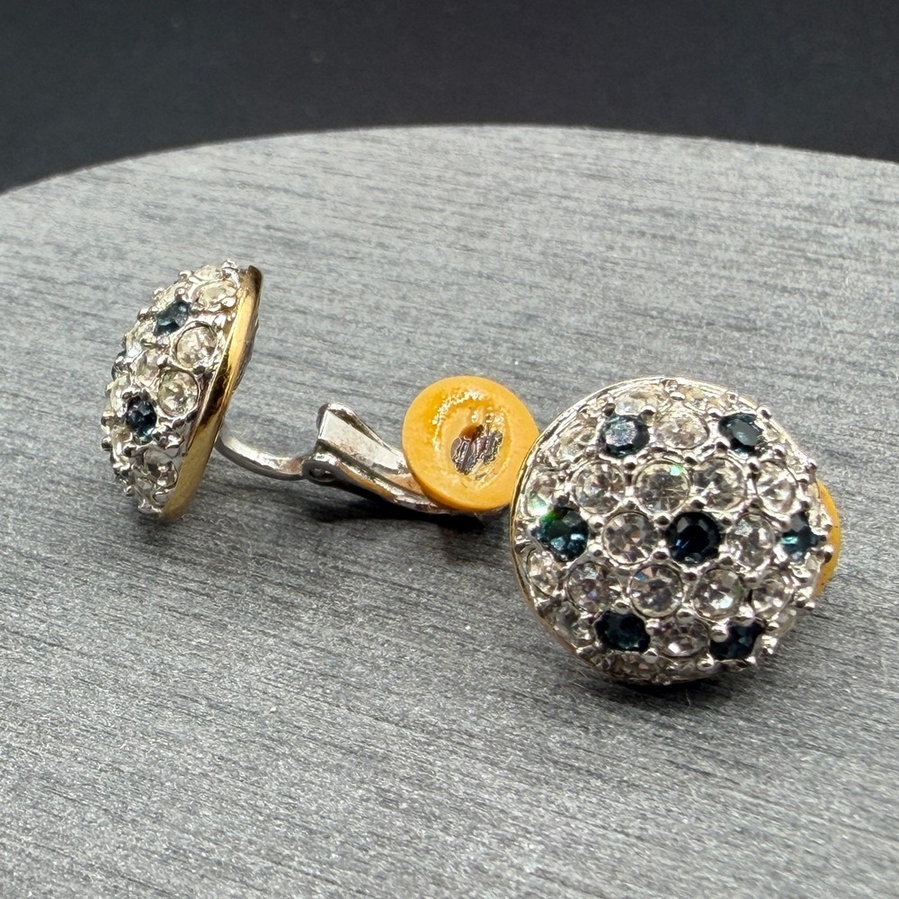 VTG Rhinestone Clip On Earrings Blue Clear Crystal Silver Tone Round Statement